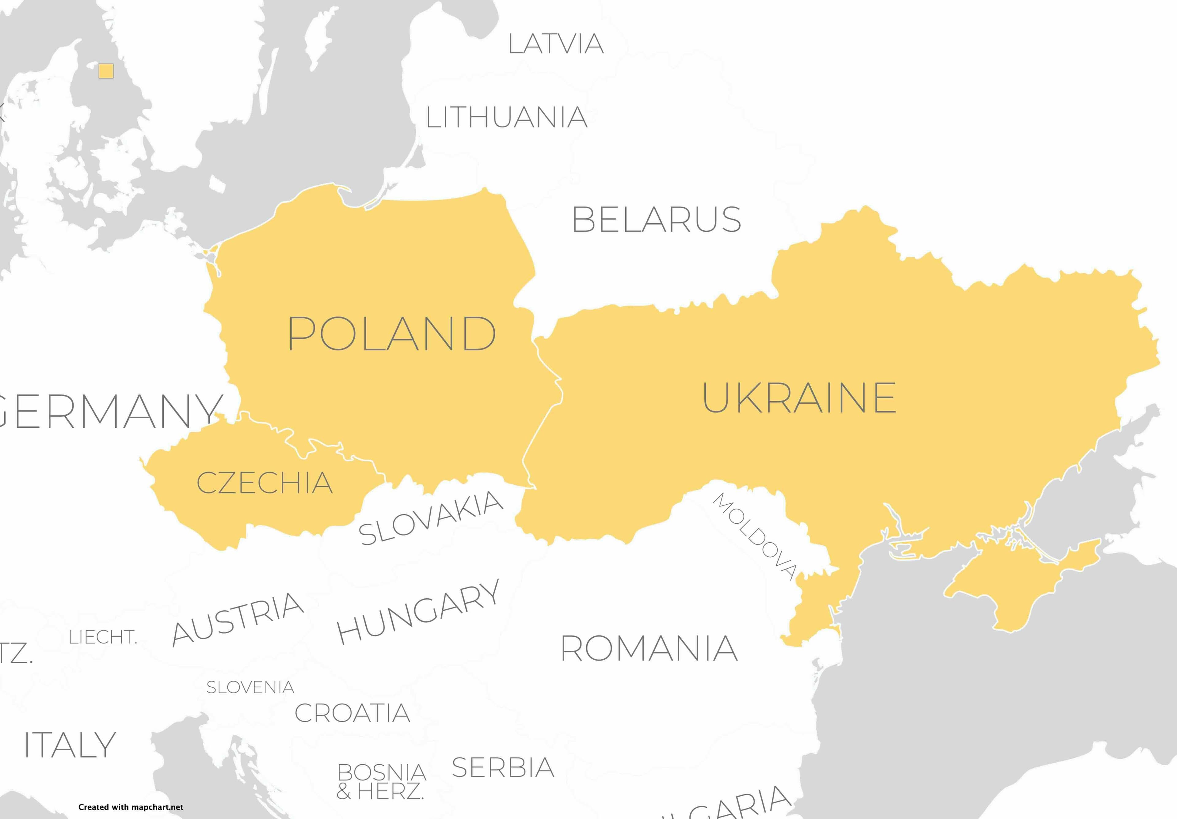 Мапа з позначеними країнами міжнародних автобусних маршрутів перевізника PAN-BUS (Україна, Польща, Чехія)