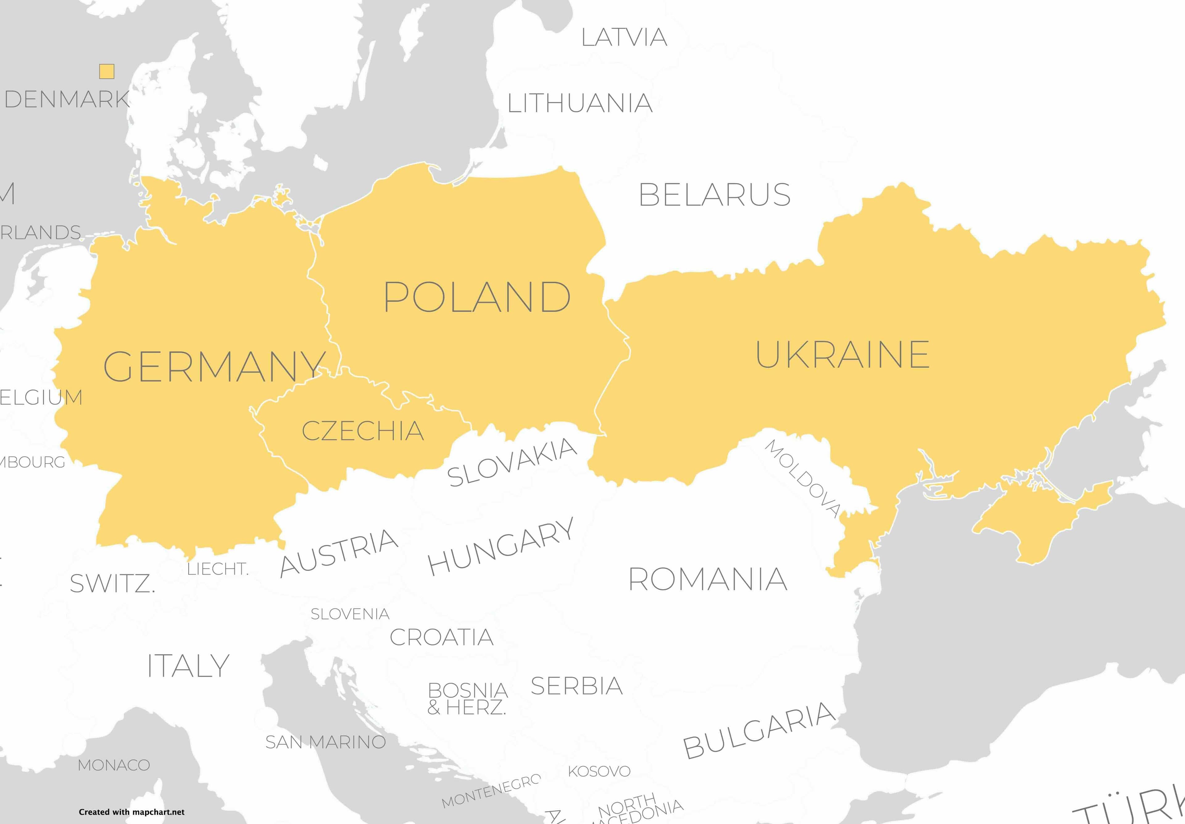 Карта маршрутів East West Eurolines із сполученням між Україною, Польщею, Німеччиною та Чехією