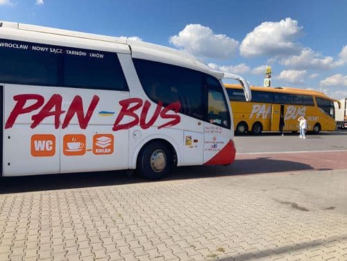 Автобус перевізника ПАН-БУС на парковці автовокзалу вдень, білий міжміський автобус з фірмовим логотипом, що обслуговує міжнародні пасажирські рейси.