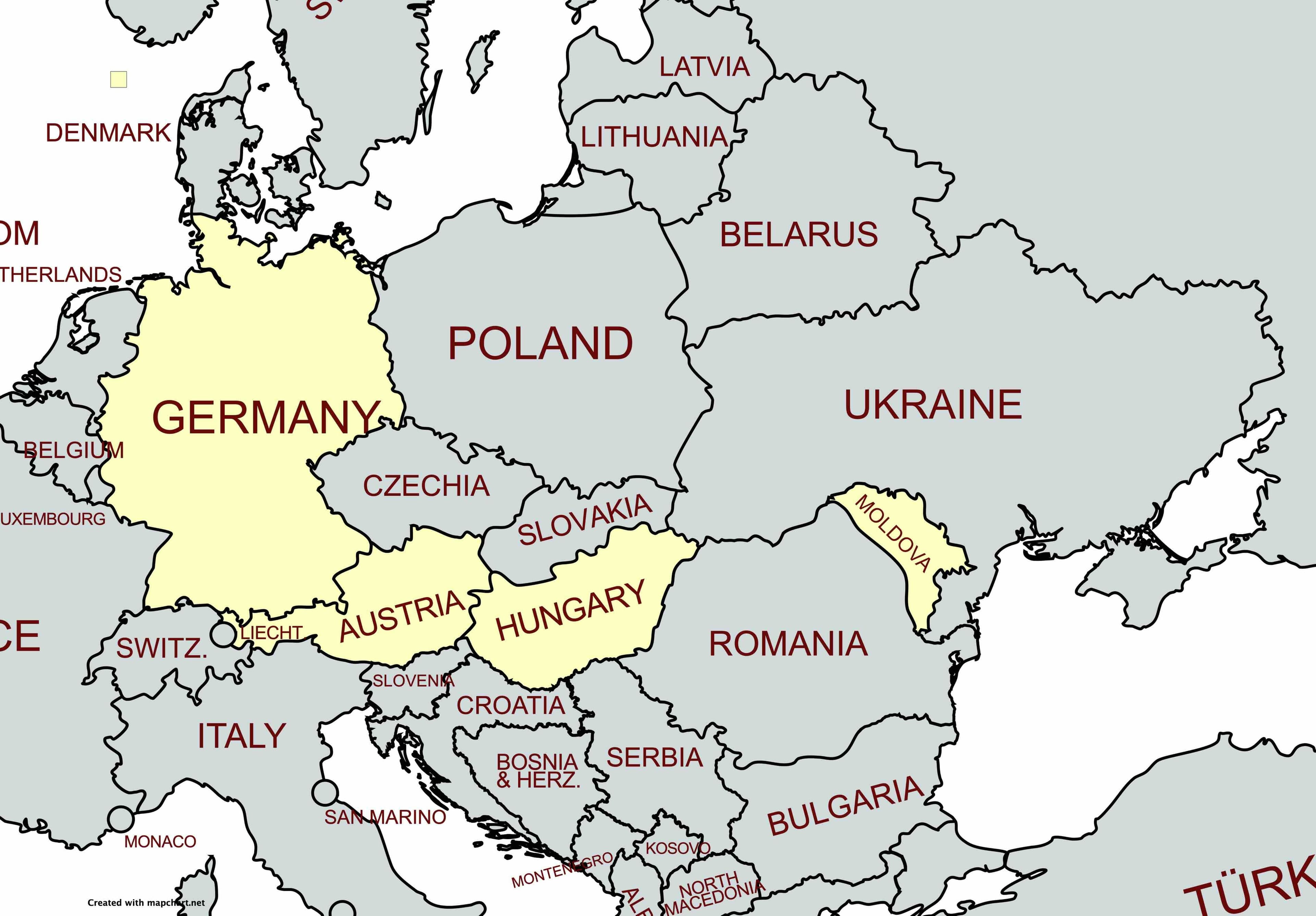 Карта маршрутів перевізника EuroClub (ЄвроКлуб) по Європі, що включає регулярні рейси до Німеччини, Молдови, Словаччини, Австрії та Угорщини на сайті atatickets.com.